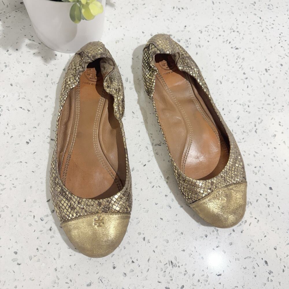 Tory Burch York Roccia ballet flat Gold Slip On Comfort Size 7.5 snake print CP